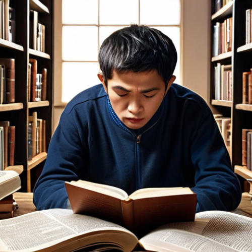 Home 4 **A person deeply engrossed in reading a foreign language book, surrounded by dictionaries and language learning materials. The scene should convey a sense of immersion and the awakening of linguistic intuition.**