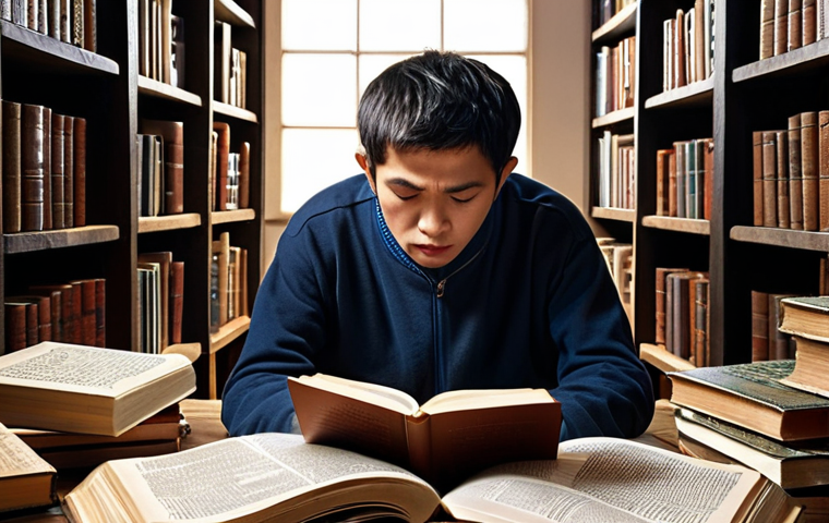**A person deeply engrossed in reading a foreign language book, surrounded by dictionaries and language learning materials. The scene should convey a sense of immersion and the awakening of linguistic intuition.**